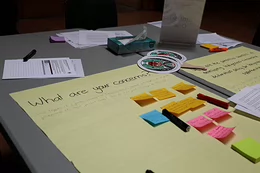 A yellow sheet of paper with the question "What are your concerns?" is on a table, with sticky note comments on the sheet.