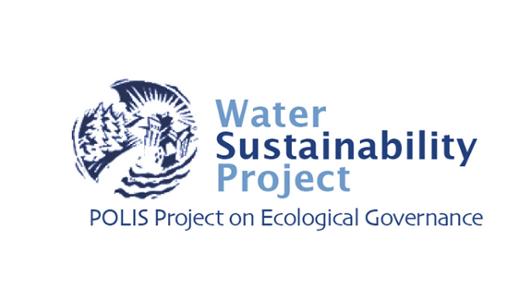 Logo of the Water Sustainability Project, part of POLIS Project on Ecological Governance. The title is accompanied by artwork depicting a river flowing in between a city ad a forest, with the sun at the end of the watershed