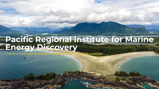 aerial view of coastline in Tofino with the text "Pacific Regional Institute for Energy Discovery