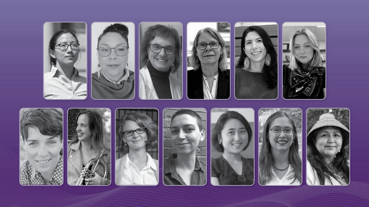 A panel of 13 women experts on international women's day, shown against a purple background.