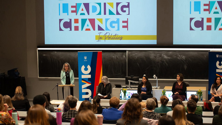 A panel of five women and audience at the Women Leading Change in Politics event.