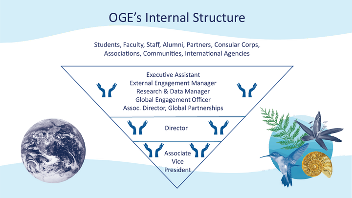 Image of the structure of the Office of Global Engagement (OGE), depicting an inverted triangle with the UVic campus community at the top as the main priority, served by the staff of OGE at the bottom, going all the way to the AVP at the bottom of the triangle