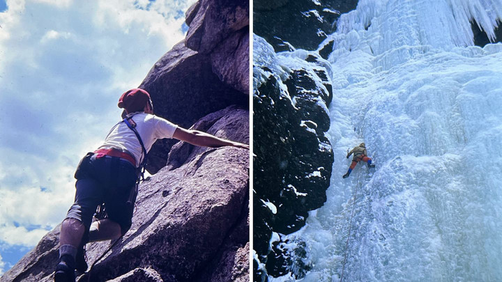 Two photos side by side of climbers in 1977. One climbs up a rock wall and the other is ice climbing.