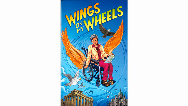Wings on my wheels book cover showing a woman in a wheelchair that has wings and appears to be flying.