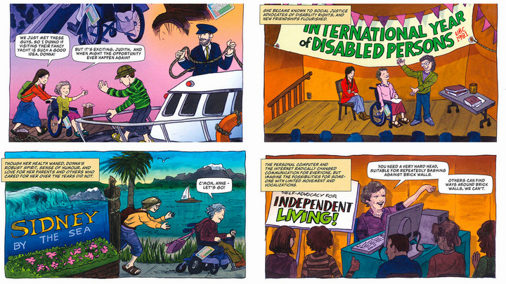 Four panels from the graphic biography showing different scenes from Donna's life.