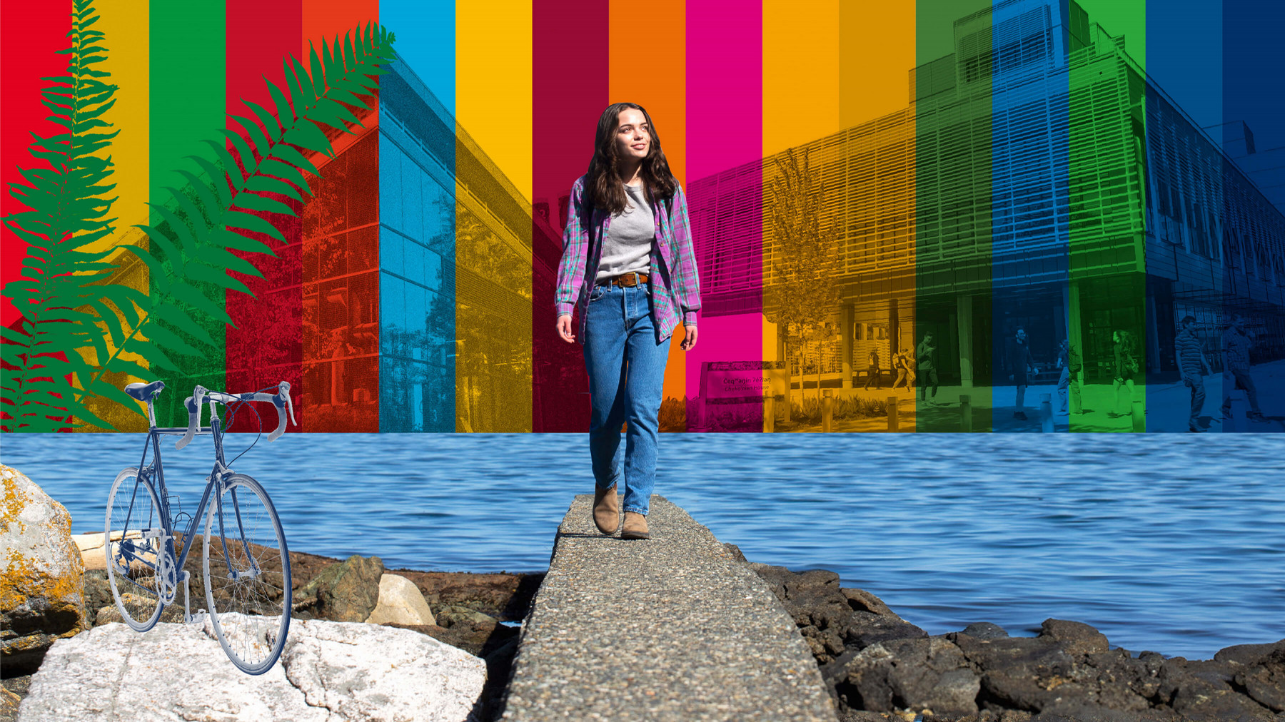 A colour composite with bright coloured stripes, a body of water, a young woman, rocks, tree and a bicycle