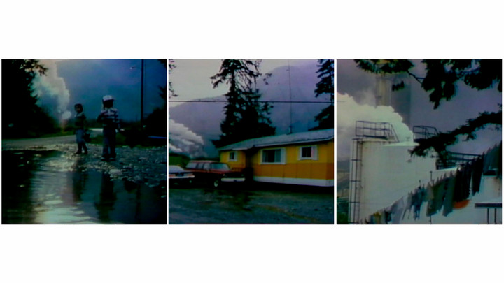 Three 1970s archival images, left to right: two young children playing near a puddle with the pulp mill venting a large vapour cloud behind them; a yellow building with two cars parked out front near the Ahaminaquus pulp and paper mill; the mill itself, with white vapour spewing from the rooftop vents.