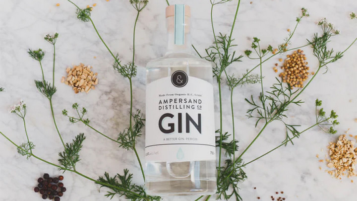 Bottle of Ampersand Distilling gin on a backdrop of botanicals.