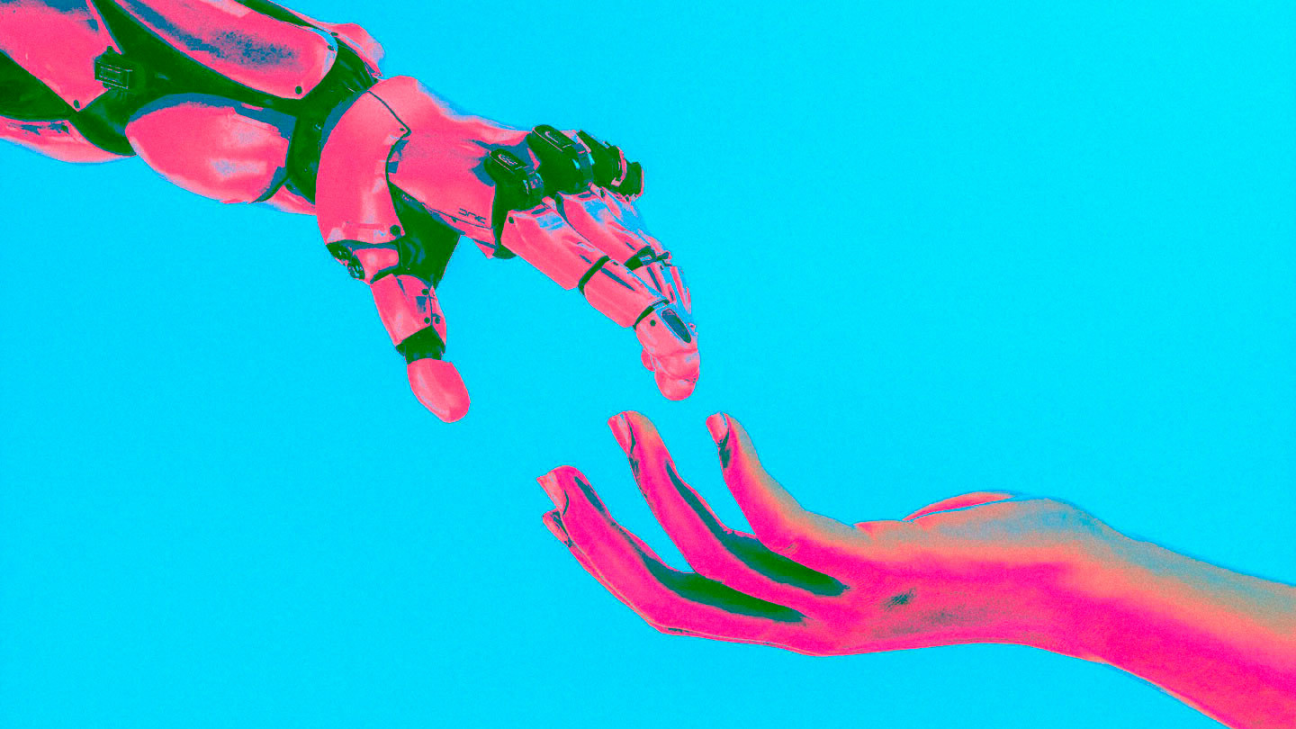 A computer arm reaches out to touch a human arm.