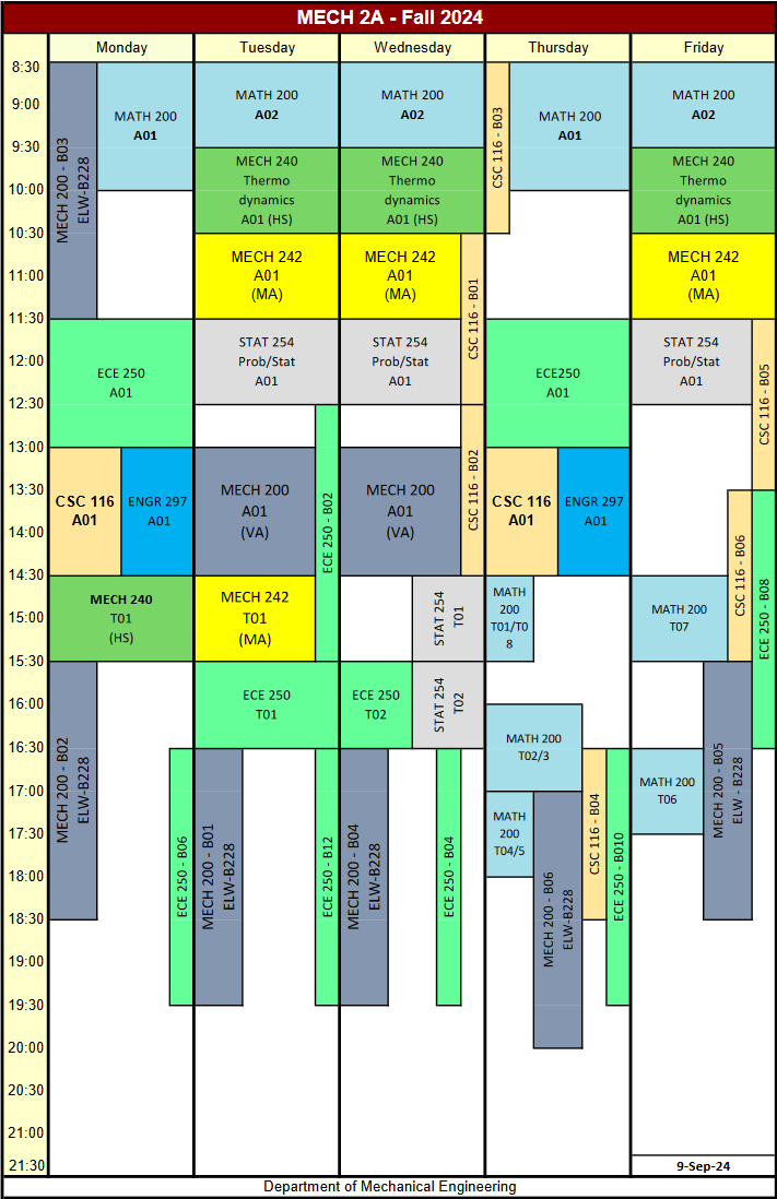 Mech 2a - Fall 2024 - timetable