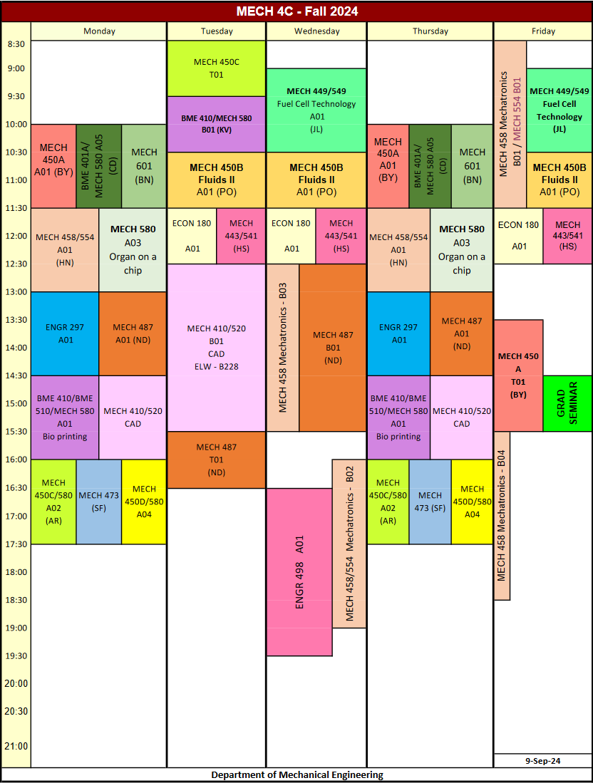 Mech 4c - Fall 2024 - timetable