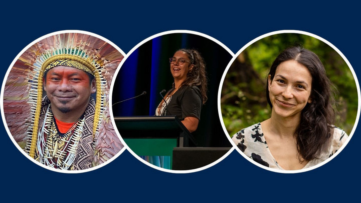 three headshots of speakers in the series are pictured: Chief Ninawa Huni Kui, Dr. Sereana Naepi, Dr. Sharon Stein