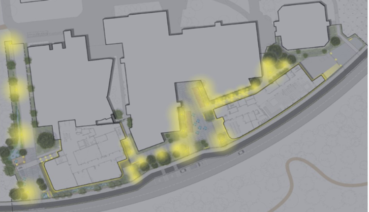 The site plan seen at night, where the light sources are highlighted on a darkened map.