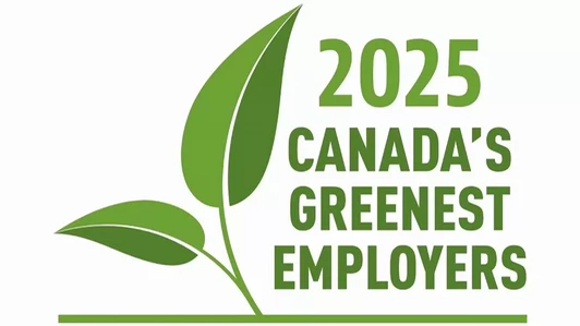 Canada's Greenest Employer 2025 logo in green and white with a leaf.