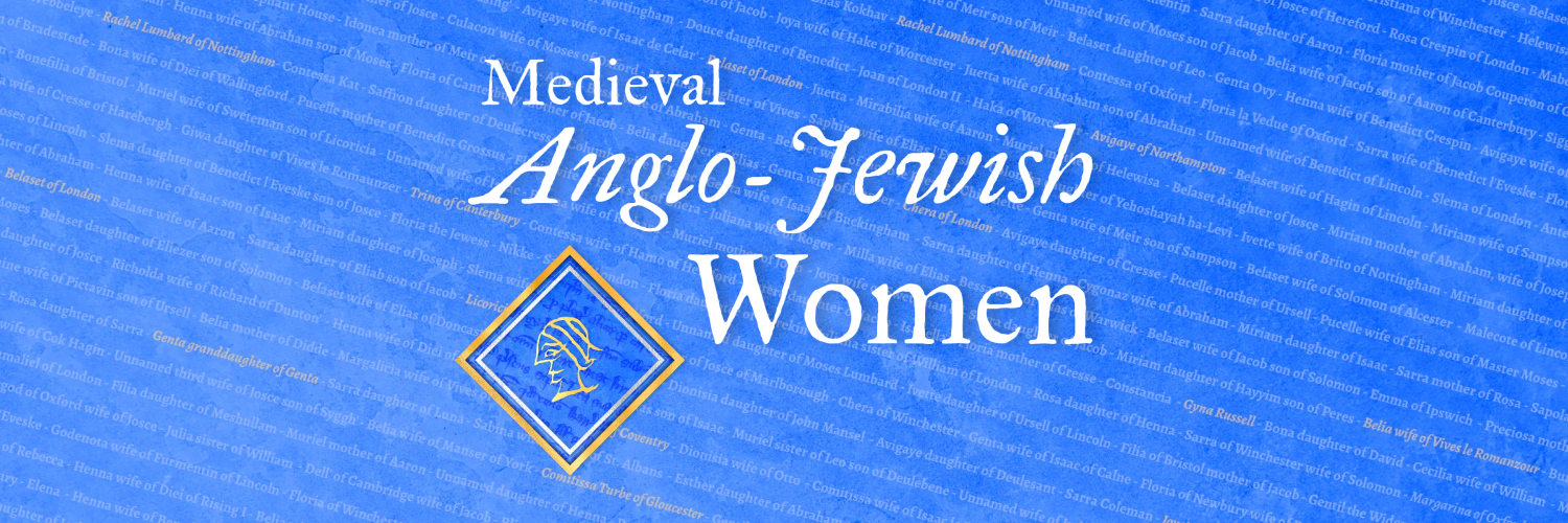 White text reading Medieval Anglo-Jewish Women and a golden medieval profile of a woman on top of a blue background covered in women's names