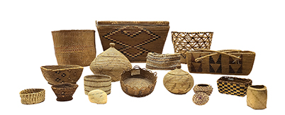 A collection of several woven baskets in a variety of styles and shapes