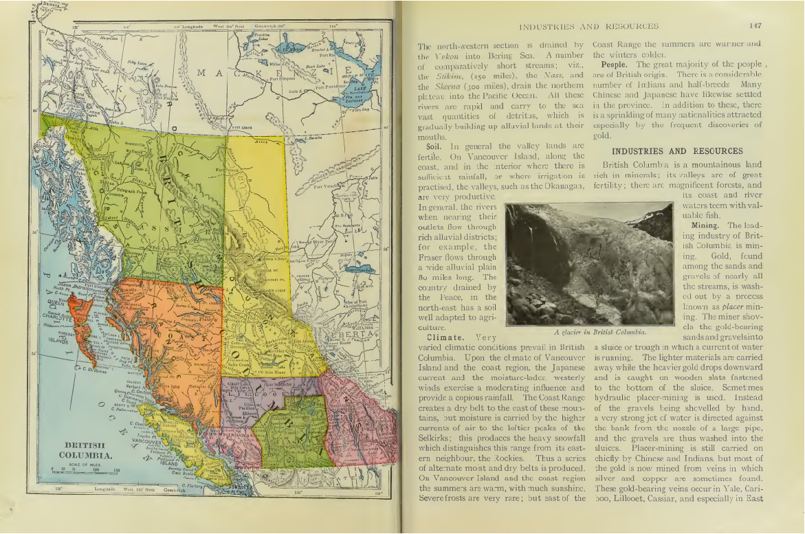 Map of British Columbia and page of text from a historical textbook.