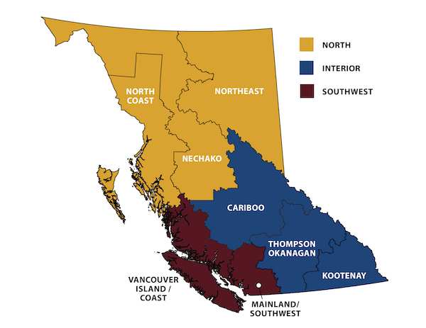 BC’s 8 economic development regions combined into three regions: North, Interior, Southwest