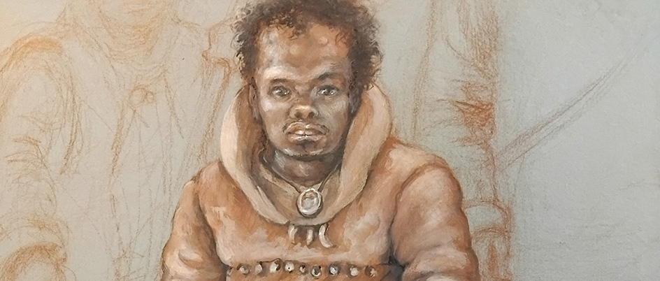 Drawing of Romito 2 reconstruction, a 16-year-old teenager with a form of dwarfism who lived 11,000 years ago. Drawing illustrates young man with curly hair, brown facial features and wearing a heavy hooded jacket made of animal hide. 