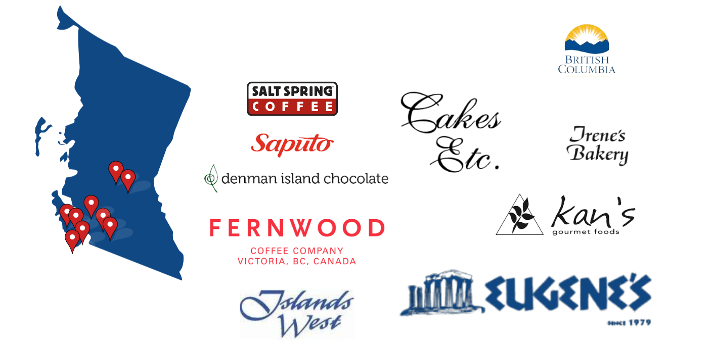 logos for local businesses based in BC with map of bc and pin drop locations