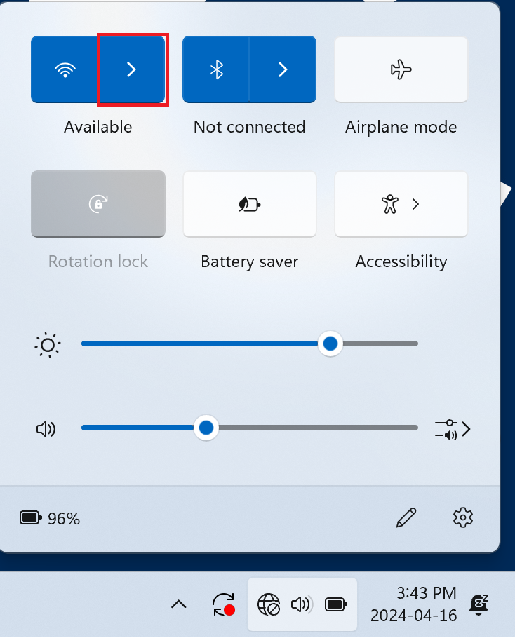 wifi settings icon in windows 11 taskbar