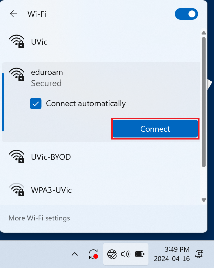 list of wireless networks with eduroam highlighted