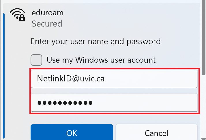 Windows 11 wireless password pop-up with uvic netlink credentials entered