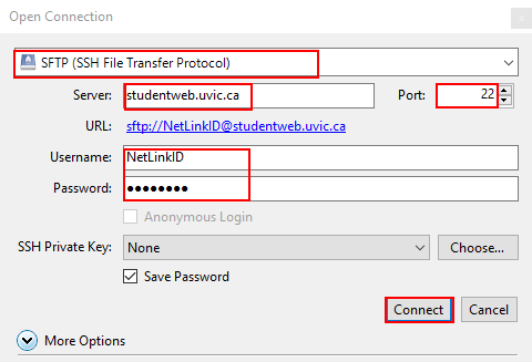 Cyberduck SFTP Connection Settings Student