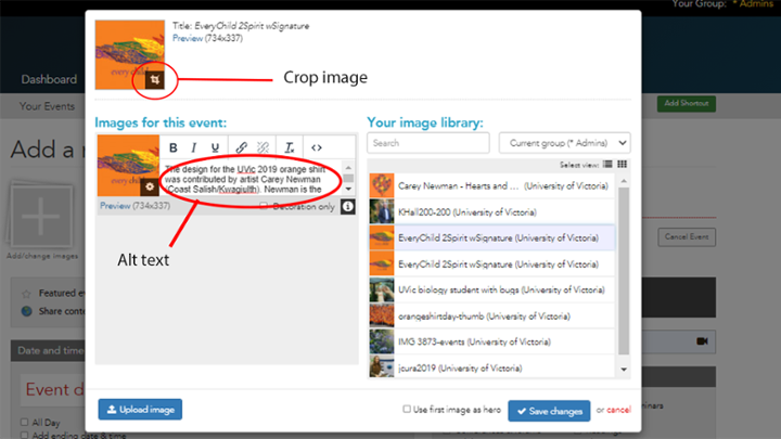 Screenshot showing settings for adding an image to your event, including the crop tool and adding alt text.