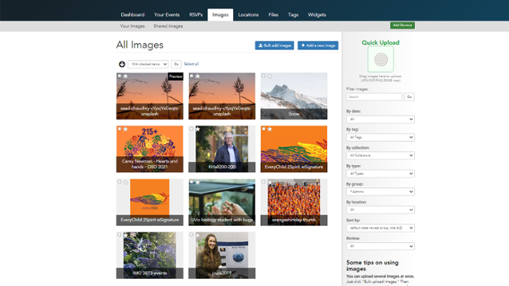 Screenshot showing the image library feature in LiveWhale.